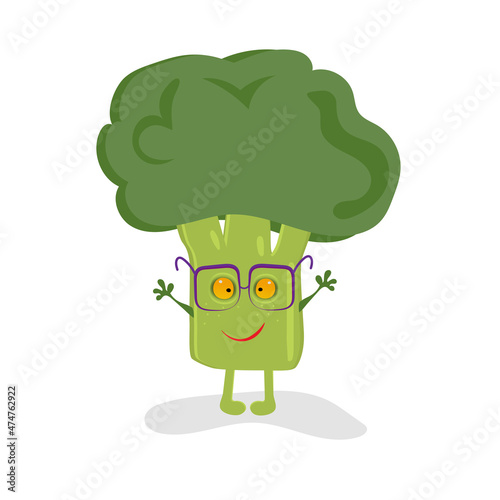 Funny cute cartoon broccoli drawing illustration isolated background Vector. green smiling broccoli.  Healthy food vector concept. Vegetable funky character. Vegan food.