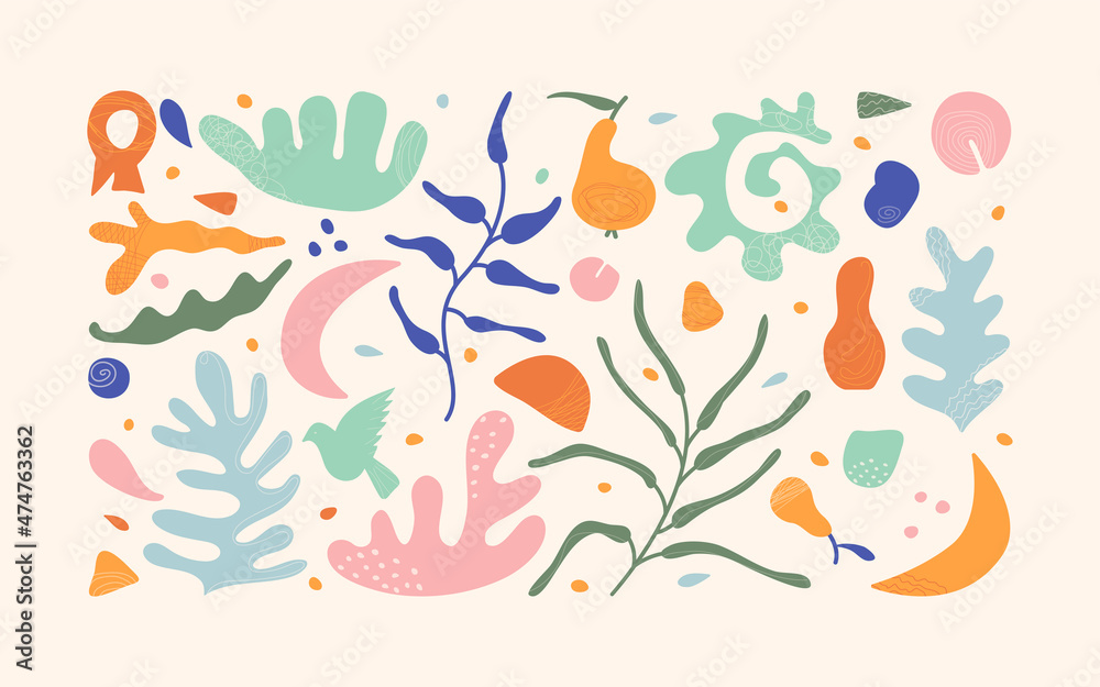 Set of color hand-drawn organic shapes in Matisse style. Abstract objects with textures, bird, shell, pear, coral, moon.