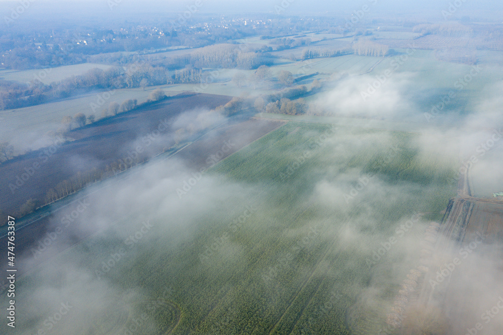 The fog over the countryside in Europe, in France, in the Center region, in the Loiret, towards Orleans, in Winter, during a sunny day.