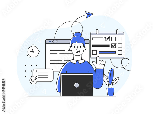 Concept of scheduling. Character typing on laptop. etaphor for time management. Hardworking wo , leadership and motivation. Modern technolog , organizer app. Cartoon flat vector illustration