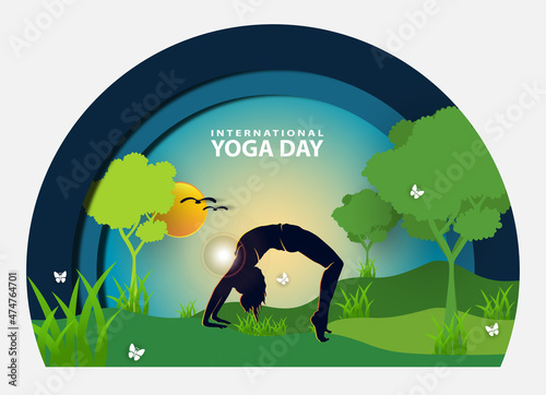 21 june-international yoga day, woman in yoga body posture, human silhouette and sun rays, vector illustration - Vector