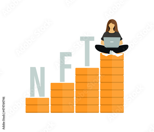 NFT concept, coin growth, businesswoman with laptop. editable vector graphics.