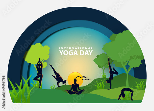 21 june-international yoga day, woman in yoga body posture, human silhouette and sun rays, vector illustration - Vector