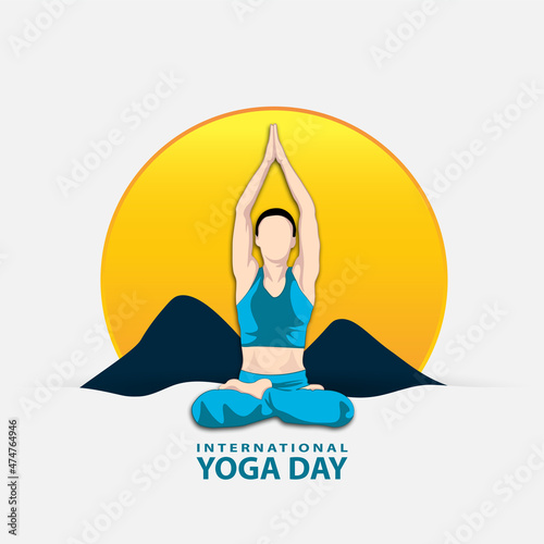 21 june-international yoga day, woman in yoga body posture, human silhouette and sun rays, vector illustration - Vector