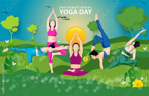 21 june-international yoga day, woman in yoga body posture, human silhouette and sun rays, vector illustration - Vector