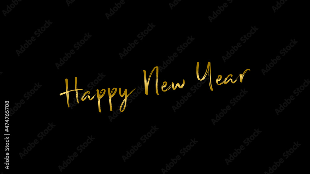 Gold color happy new year text message with brush effect gold color on black background.