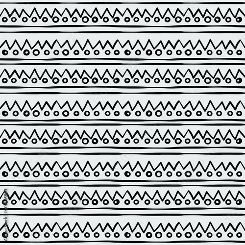 Cute vector seamless pattern with lines, zigzags and circles. Ethnic style repeating background blank for printing on fabrics and paper