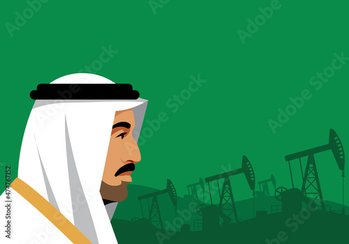 Arab Business Man wearing UAE Traditional Dress. Green background with oil pumps. Male portrait, side view. Concept of Middle East, oil industry, oil production, stock market. Modern flat style.