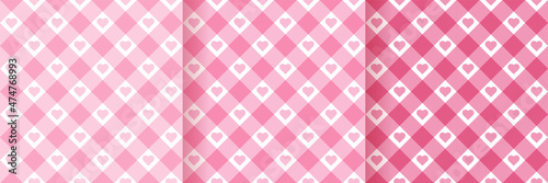Checkered seamless patterns. Gingham vichy prints with hearts. Set of plaid backgrounds. Pink pastel textures. Retro flannel wallpaper. Simple classic backdrops. Textile grid. Vector illustration