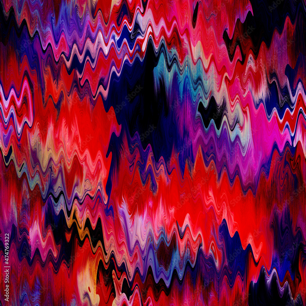 Fototapeta premium Wavy summer dip dye boho background. Wet ombre color blend for beach swimwear, trendy fashion print. Dripping paint digital fluid watercolor meelt effect. High resolution seamless pattern material.