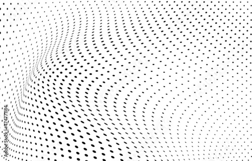 The halftone texture is chaotic monochrome. Abstract black and white waves background of dots. Backdrop for the design of websites  business cards  posters