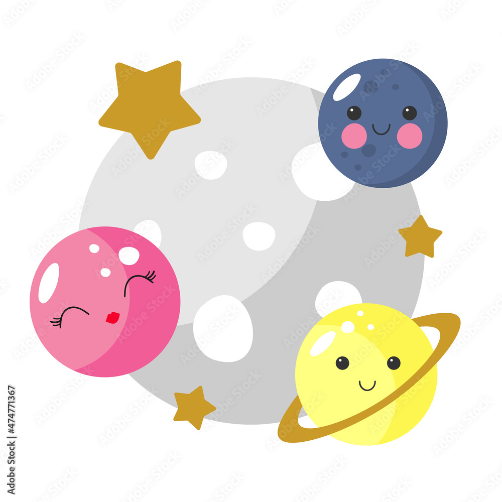Funny planets and stars in cartoon style. Vector illustration in white background. For kids stuff, card, posters, banners, children books and print for clothes, t shirts. The theme of space. Funny planets and stars in cartoon style. Vector illustration in white background. For kids stuff, card, posters, banners, children books and print for clothes, t shirts. The theme of space.