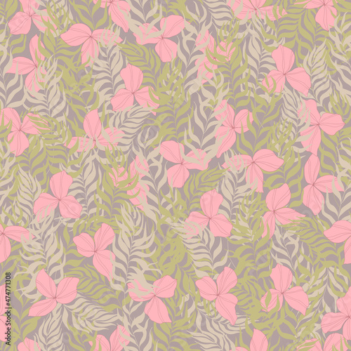 vector seamless pattern flowers with leaves. Botanical illustration for wallpaper  textile  fabric  clothing  paper  postcards