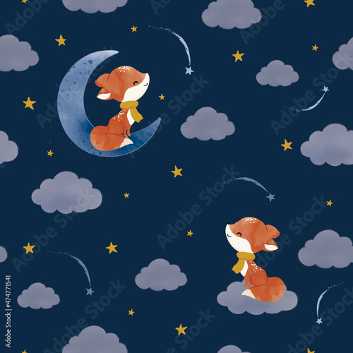 Seamless childish pattern with fox, clouds, stars, with moon. Creative kids texture for fabric, wrapping, textile, wallpaper, apparel. watercolor - Vector illustration 