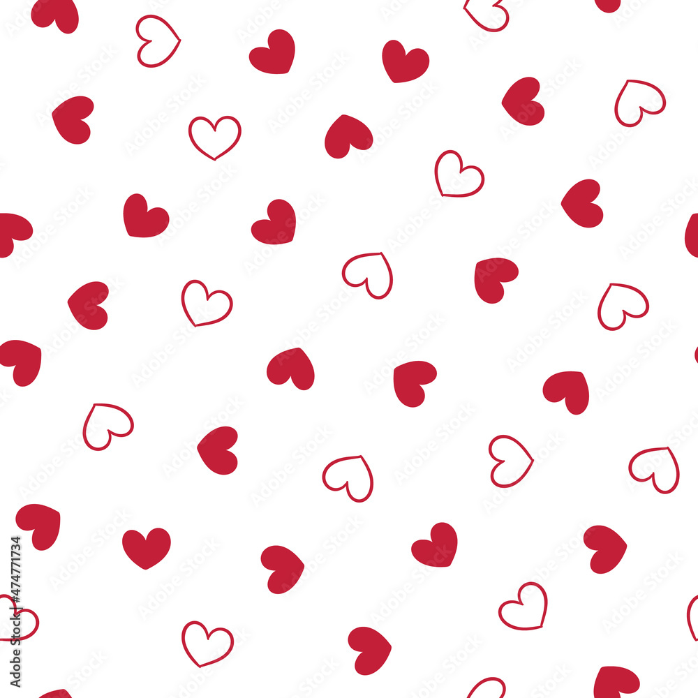 Pattern heart, pattern love, background heart. Valentine's Day. Red hearts seamless pattern.  Red hearts on white background seamless pattern for Valentine's Day