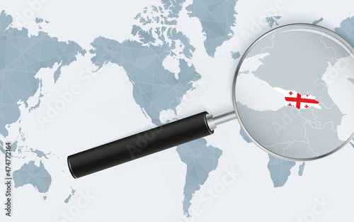 Enlarged map of Georgia on America centered World Map. Magnified map and flag of Georgia.