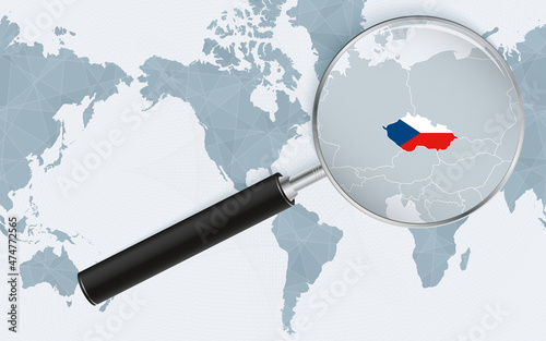 Enlarged map of Czech Republic on America centered World Map. Magnified map and flag of Czech Republic.