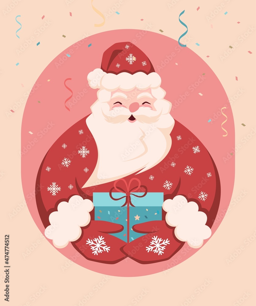 Colorful Christmas Illustration. Cheerful Santa Claus is holding a gift in his hands. Excellent illustration for the decor of Vector Cards Colorful Christmas Illustration. Cheerful Santa Claus is holding a gift in his hands. Excellent illustration for the decor of Vector Cards
