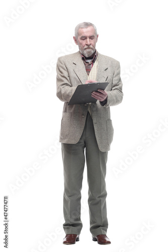 in full growth. elderly business man with a clipboard.