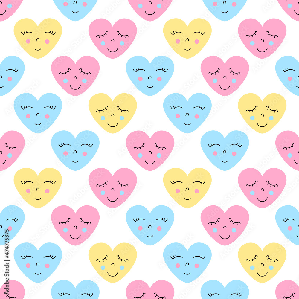 Seamless pattern with cute hearts with cartoon faces. Valentine's Day pattern.