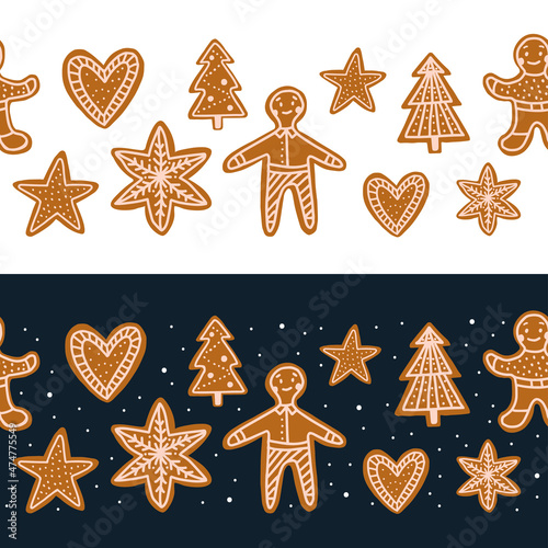 Seamless vector border with christmas cookies. Gingerbread cookies in the shape of hearts, Christmas trees and men.