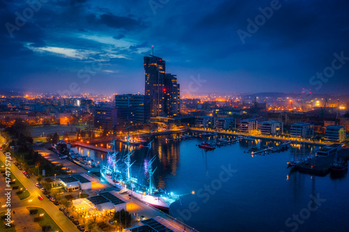 Cityscape of Gdynia by the Baltic Sea at dusk. Poland