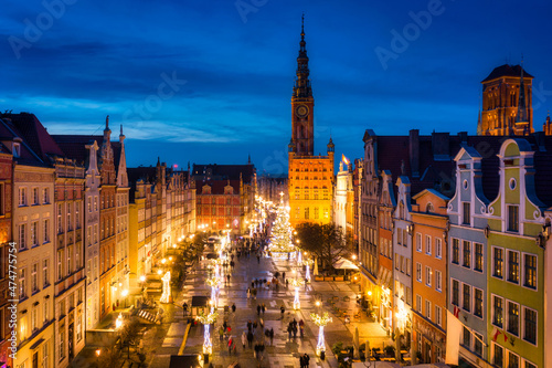 Christmas decorations in the old town of Gdansk at dusk, Poland