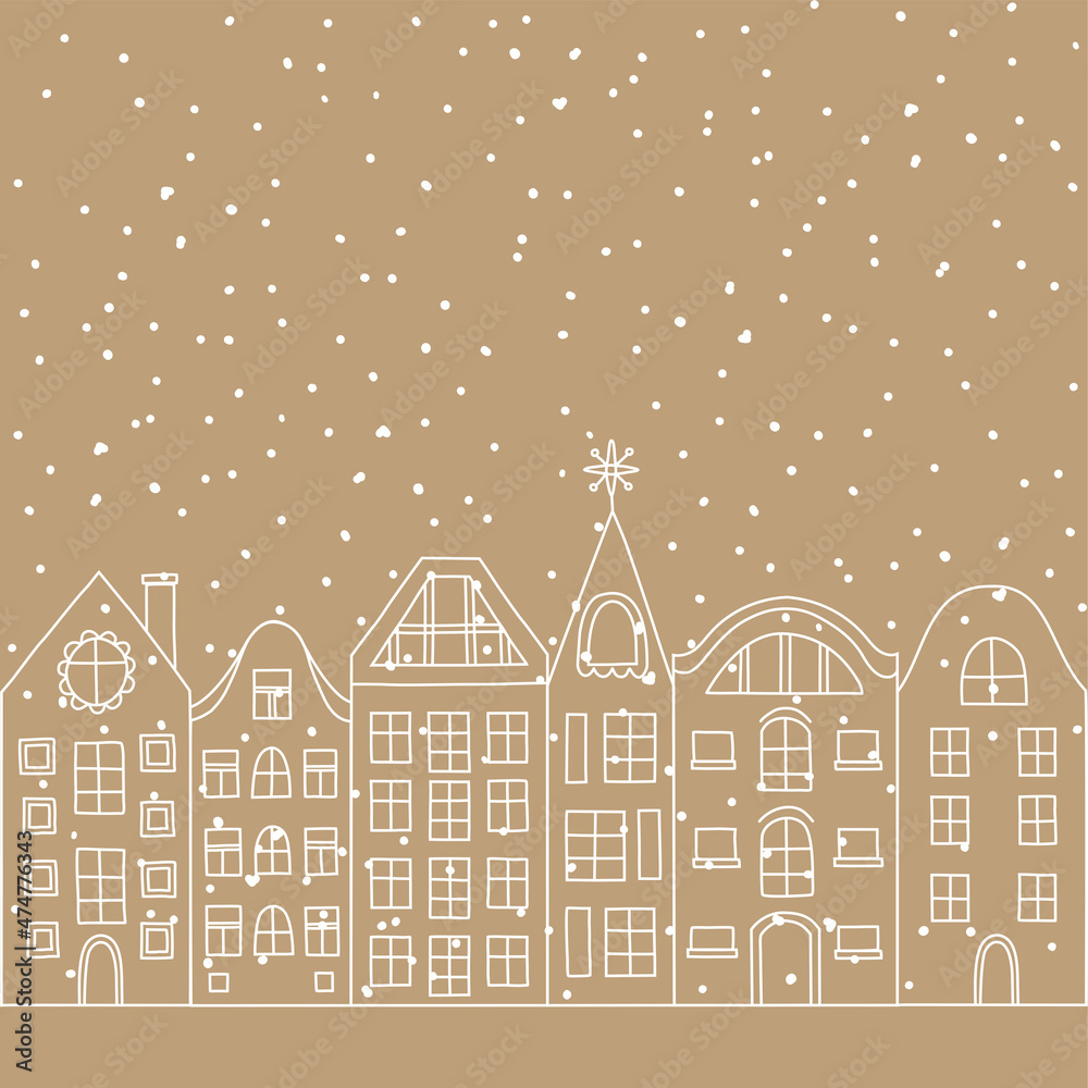 Winter european city landscape vector illustration. Scandinavian architecture line drawing. Buildings skyline. Row of houses design for card, banner, invitation, ad.