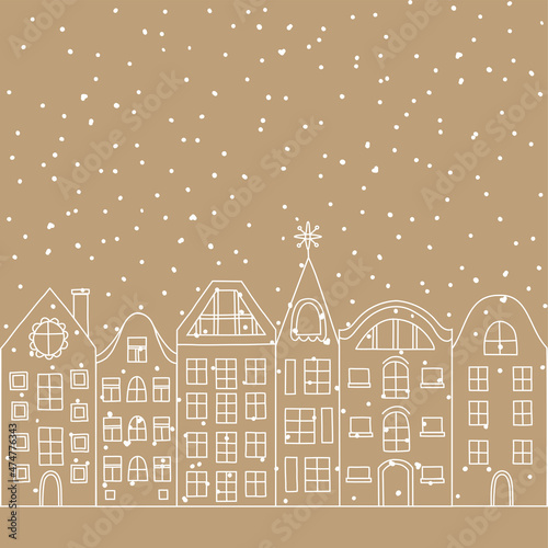 Winter european city landscape vector illustration. Scandinavian architecture line drawing. Buildings skyline. Row of houses design for card, banner, invitation, ad.