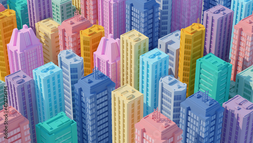 Isometric city with colorful skyscapers.3d rendering