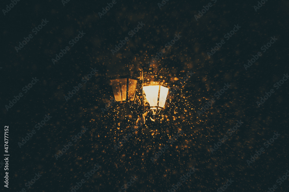 Night snowfall in the light of street light Night snowfall in the light of street light