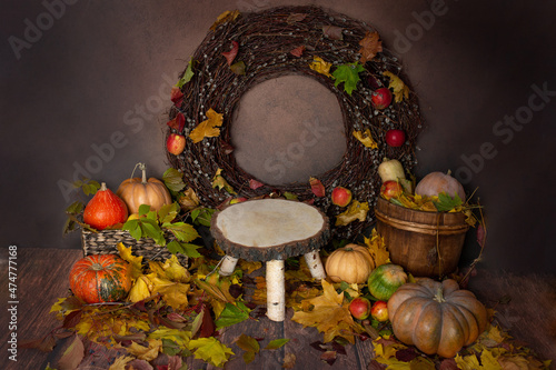 the photo zone is decorated with autumn leaves and pumpkins. background for autumn photo shoots helown
