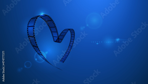 Filmstrip in the shape of a heart on a blue background with a lens effect. Vector illustration