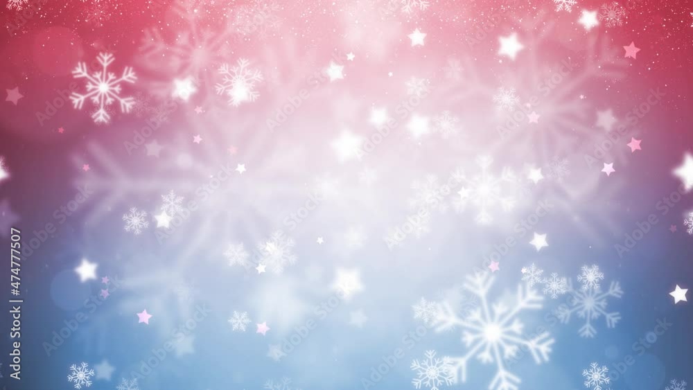 Magical red and blue blurred background with snowflakes and stars and bokeh effect holiday christmas seamless loop copy space animation. Magical red and blue blurred background with snowflakes and stars and bokeh effect holiday christmas seamless loop copy space animation.
