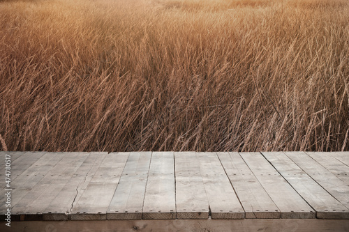 Old wooden floor or plank against a backdrop of dry meadow in winter or autumn Natural backgrounds for product display or text placement and advertising presentation