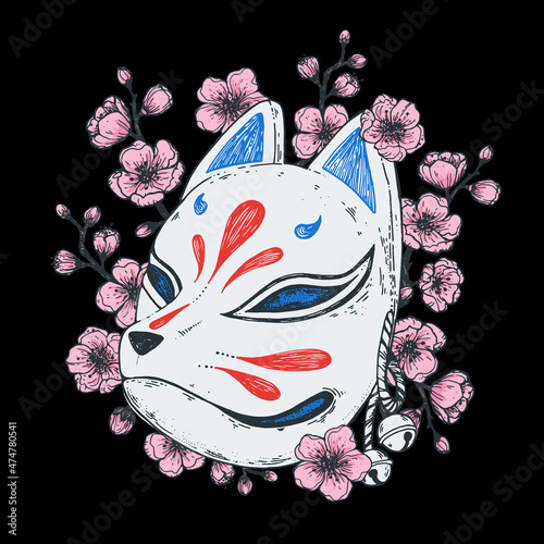 Kitsune mask with sakura flower hand drawn vector illustration. Traditional japanese demon. Tattoo print. Hand drawn illustration for t-shirt print, fabric and other uses.