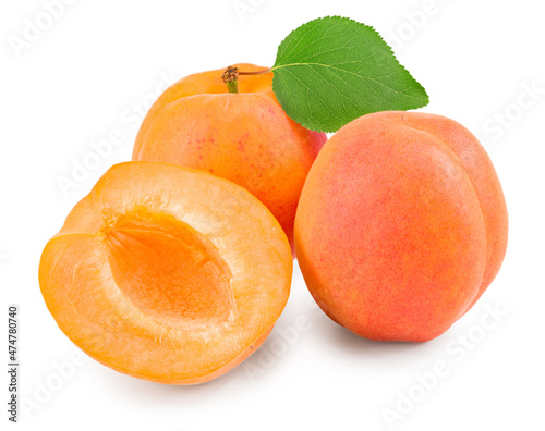 apricot fruits with green leaf isolated on white background. clipping path