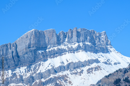 The rochaux peaks of Tete a lane in the Mont Blanc massif in Europe, France, the Alps, towards Chamonix, in spring, on a sunny day.