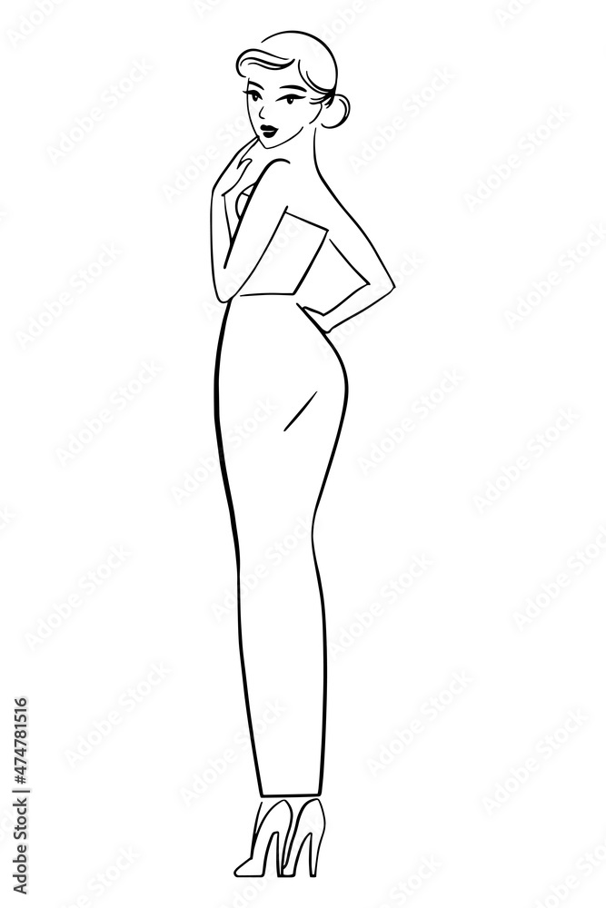 Pin up girl, back view, attractive flirting woman, cartoon character. Touches her lips by finger. Pin up girl, back view, attractive flirting woman, cartoon character. Touches her lips by finger.