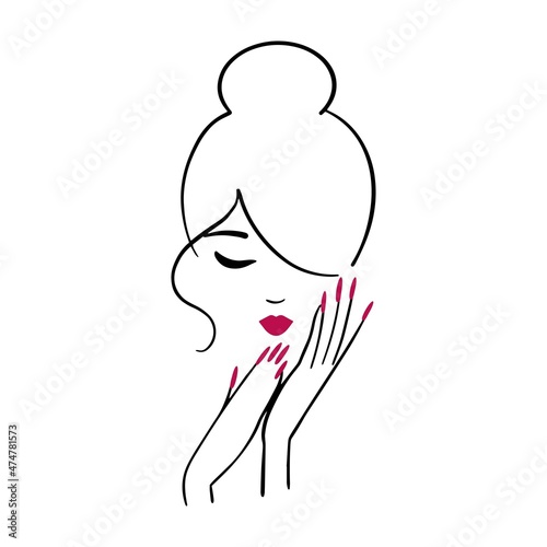 Simple elegant logo for a beauty salon, nail studio. Line woman portrait with hands and hair bun
