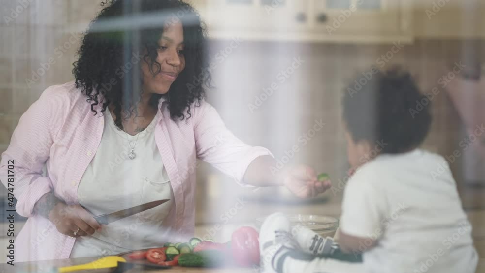 Shooting through window glass positive young African American mother cooking vegan salad feeding toddler son with cucumber. Happy loving woman passing vegetable slice talking smiling Shooting through window glass positive young African American mother cooking vegan salad feeding toddler son with cucumber. Happy loving woman passing vegetable slice talking smiling