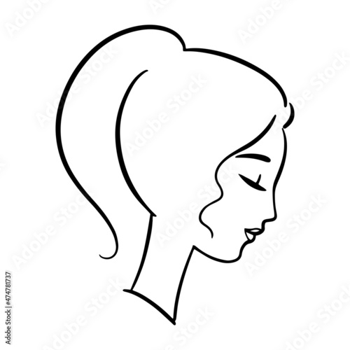 Elegant woman portrait, romantic profile portrait. Hand drawn style. Simple logo for beauty products
