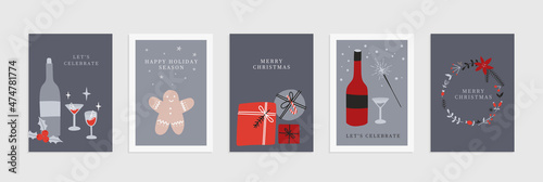 Collection of Merry Christmas and Happy New Year cards or posters for home. Cute simple flat doodle illustrations. Cozy hygge scandinavian style vector with kitchen, food and drinks elements. Eps 10