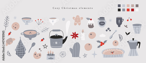 Hygge Christmas stickers set. Hand drawn cozy winter season elements kitchen collection - kitchenware, food, gift box, sweets, teapot, cookies. Merry Christmas and Happy New Year vector.