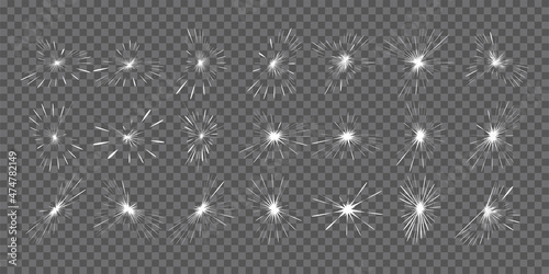 Set of sun rays and starbursts. Abstract white beam glow explosion and shine effect supernova isolated on transparent background. Vector illustration