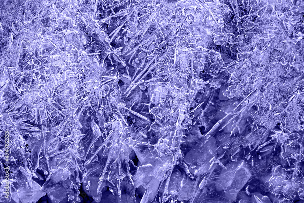 blue tint with purple undertone ice patterns on winter glass, ice crystals. abstract background frost close-up Very Peri blue tint with purple undertone ice patterns on winter glass, ice crystals. abstract background frost close-up Very Peri