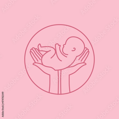 Line logotype. Hands holding a baby. Baby care