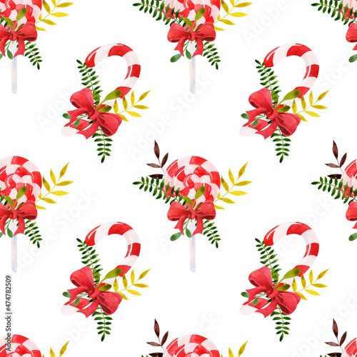 Watercolor Christmas pattern with red and white candies