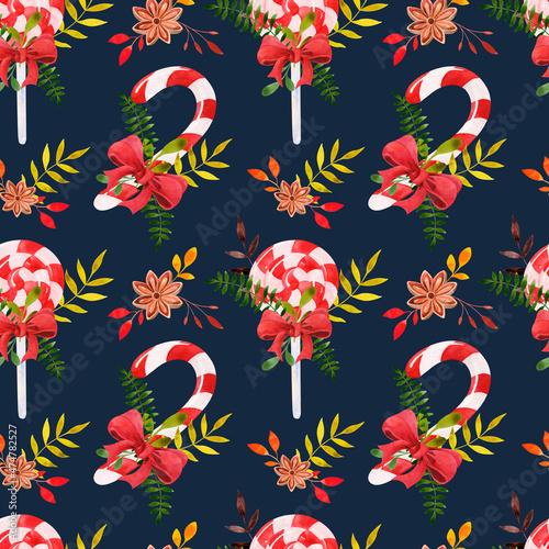 Watercolor Christmas pattern with red and white candies