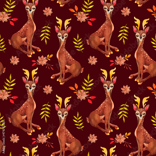 Watercolor Christmas pattern with cute deer and colorful plants